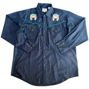 Vintage Ely Diamond Embroidered Pearl Snap Black Western Button Down Size XL